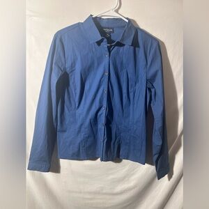 ANN TAYLOR STRETCH LONG SLEEVE BUTTON DOWN WOMENS BLUE SHIRT TOP 10P